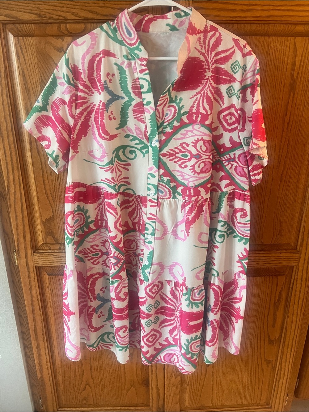 Floral Print Short Sleeve Babydoll Dress — Pink & Green